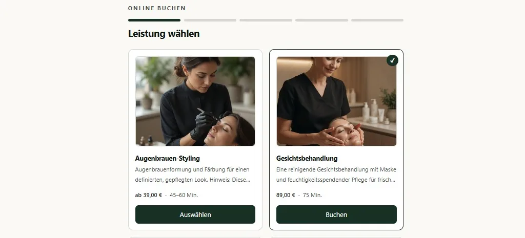 RightSlot booking page for a demo beauty salon with service selection, pricing and a guided booking flow.